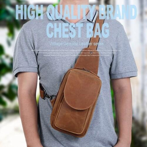 Luufan Men Genuine Crazy Horse Leather Chest Pack Vintage Cross body Men Zipper Sling Bag Shoulder Messenger Bag for male