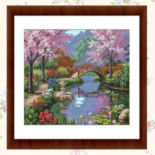 Gold Collection Embroidery Japanese Garden Cross Stitch Kit Stamped with 100% Cotton Flosses & Free Shopping for Wall Decoration