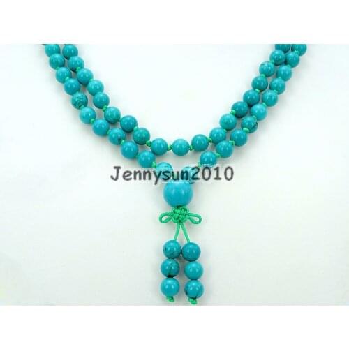 Natural Stabilized Tur-quoise 6mm Gems Stone Buddhist 108 Beads Prayer Mala Knot Necklace Multi-Purpose 5Strands/Pack