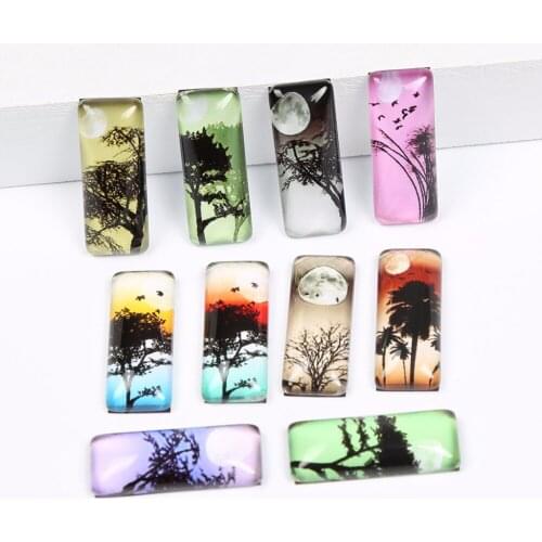 Onwear 20pcs rectangle pendant glass cabochon 10x25mm mixed night moon tree image photo cameo cabochons for jewelry making