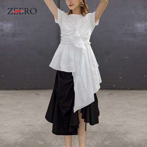 Summer Streetwear Women Casual Black Asymmetrical Ruffles Patchwork T Shirt Dress Elegant Female White Slim Sexy Mini Dresses