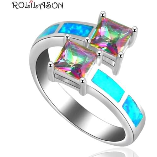 ROLILASON Two Squares Brand design Blue fire Opal 925 Silver Stamped Jewelry Mystic Zircon Rings USA Ring sz #6 #7 #8 #9 OR646