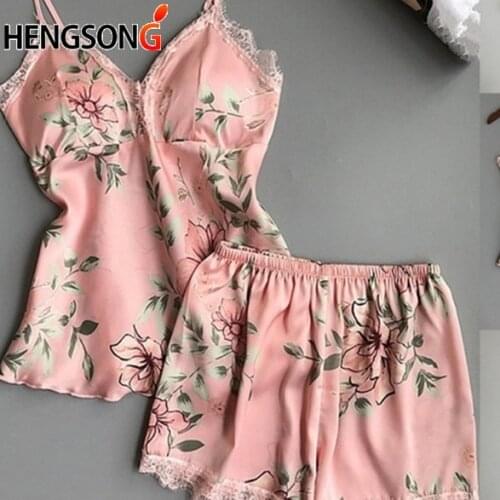 Pink Spaghetti Strap Lace Applique Satin Cami Top And Shorts Pajama Set Fall Womens Sleepwear Pajama Set Pyjamas Women Homewear
