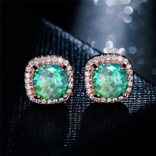 Green Fire Opal Square Earrings White Small Stone Stud Earrings For Women Wedding Jewelry Vintage Fashion Rose Gold CZ Earrings