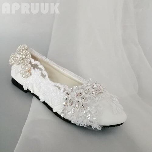White lace crystal rhinestone wedding flats shoes bridal bridesmaid luxury hadmade plus size flat heel party proms dress shoes