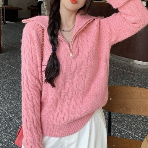 Twist Thickened High Neck Sweater Womens New Style Loose And Lazy Zipper Pullover Top In Autumn And Winter