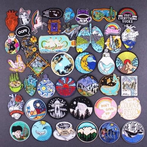 DIY Mountain Embroidered Patches For Clothing Van Gogh/ Whale Patches For Clothes Iron On Patch For Jacket Badges Outdoor Patch