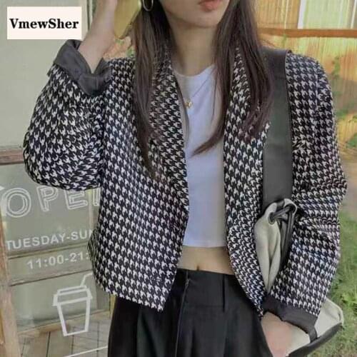 VmewSher New Houndstooth Spring Women Short Jacket Long Sleeve Lady Elegant Shawl Collar Fashion Autumn Crop Top Slim Outwear