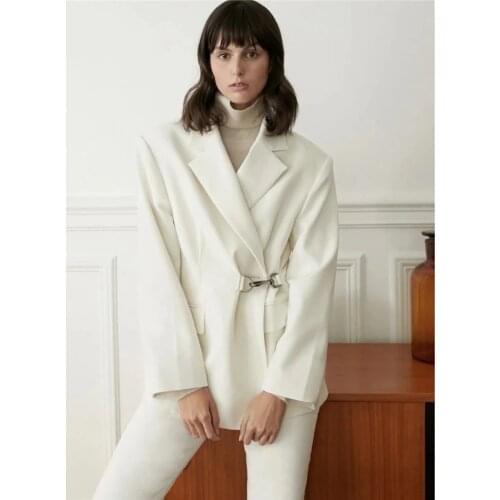 White Slim Waist Casual Office Blazer with Buckles 2021 Women Solid Color Mid-Length Commute Blazer Simple Patchwork Jacket Coat
