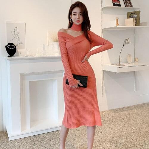 New Elegant Korean Sexy V-neck Long Dress Women OL Chic Warm Knitting Dresses Spring Office Mid-length Sweater Vestidoes Female