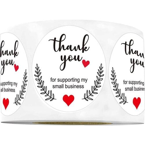 1.5" Round Thank You for Supporting My Small Business Sticker Labels with Hearts Waterproof White Thank You Stickers