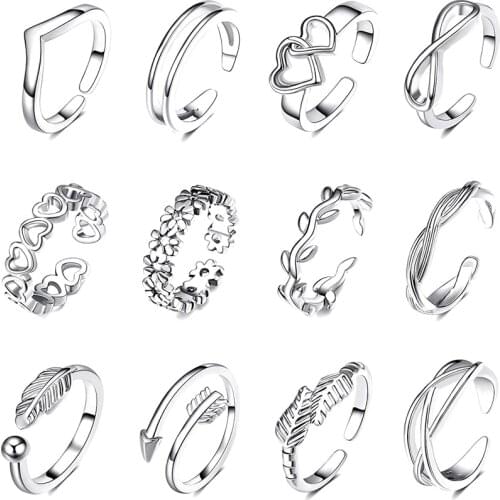 12PCS Beach Foot Jewelry Adjustable Toe Rings for Women Flower Arrow Band Open Tail Ring Women Set Gold Color