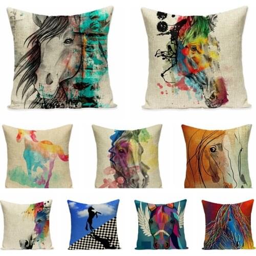 Watercolor Horses Pattern Linen Pillowcase Wild Animal Horse Cushions Decorative Pillow Home Decor Sofa Throw Pillows 45*45cm
