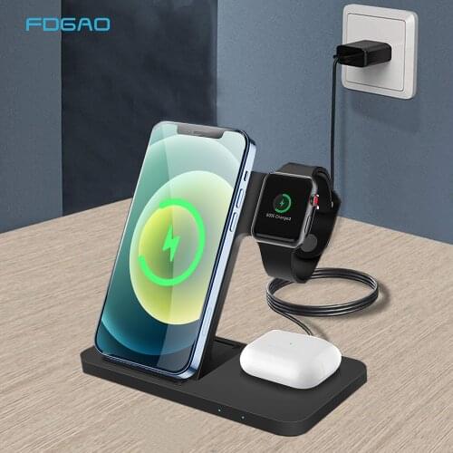 FDGAO 3 in 1 Qi Wireless Charger Stand for iPhone 12 11 Pro 8 Plus Xs Max X QC 3.0 15W Fast Charging Station For Samsung S21 S20