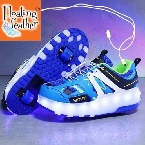 Children One Two Wheels Luminous Glowing Sneakers Gold Pink Led Light Roller Skate Shoes Kids Led Shoes Boys Girls USB Charging