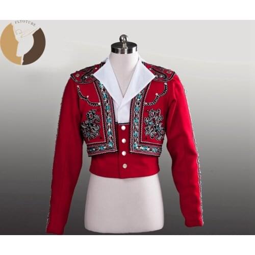 FLTOTURE BLM011 Two Pieces Spanish Man Tunic Ballet Costumes Red Color Stage Wear Prince Top Jacket For Ballet Show Mens Tunics