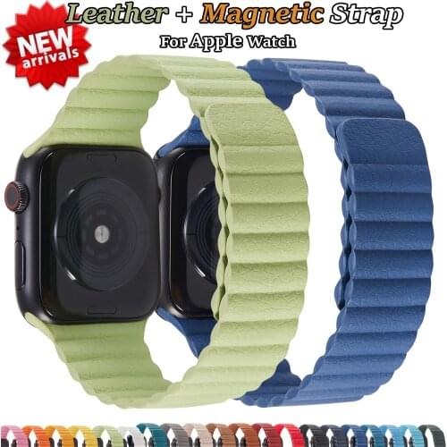 Leather Watch Strap for Apple Watch Band 44mm 40mm 38mm 42mm Magnetic Wristband Bracelet for IWatch Series 6 SE 5 4 3 lychee