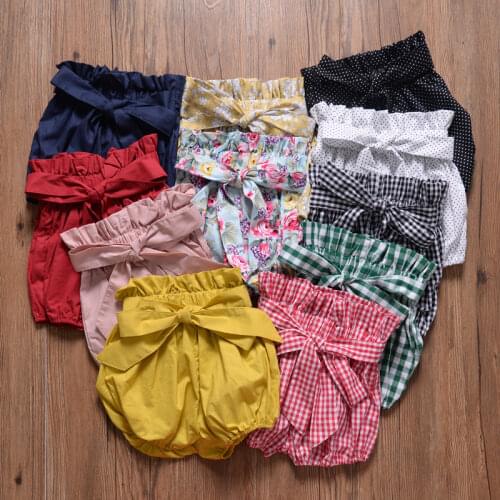 European and American Summer Girls Bow Ruffles Bread Pant Lantern Shorts Plaid Floral Print Elastic Waist PP Pants