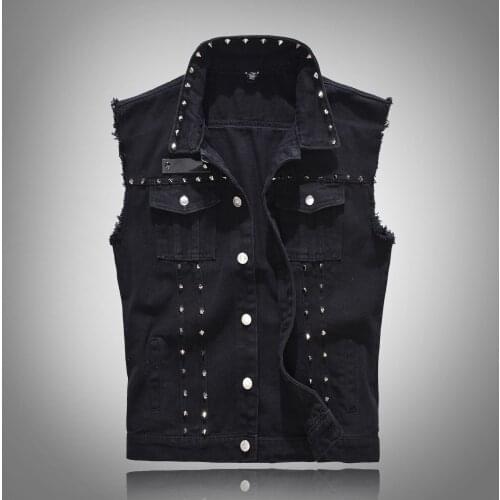 Mens Coat Vests Cotton Ripped Jeans Jacket Trendy Cool Rivets Black Denim Vest Male Hip Hop Washed Cowboy Waistcoat 5XL