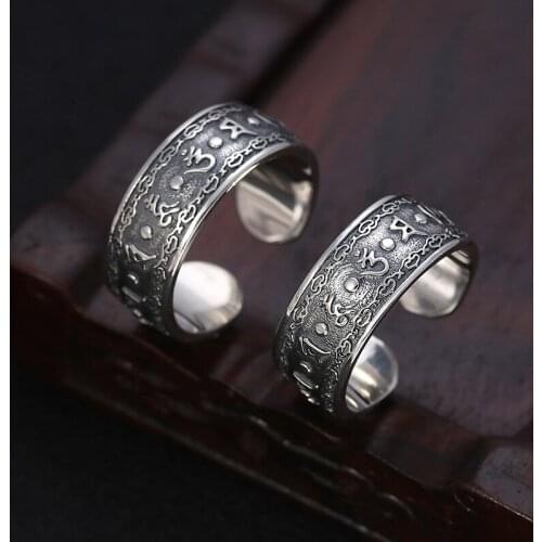 Real 100% 925 Sterling Silver Women Men Buddha Mantra Opening Ring Fashion Jewelry Gifts Couple Adjustable Ring Free Shipping