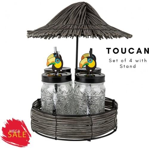 Toucan Set of 4 Glass Mug with stand, Hot Drinks, Cold Drinks, Lemonade, Cocktail, summer, Funny
