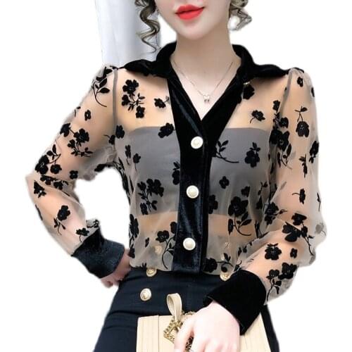 PERHAPS U Women Elegant Flower Velvet Jacquard Turn Down Collar Long Lantern Sleeve Mesh Single Breasted Long Shirt Blouse B3094