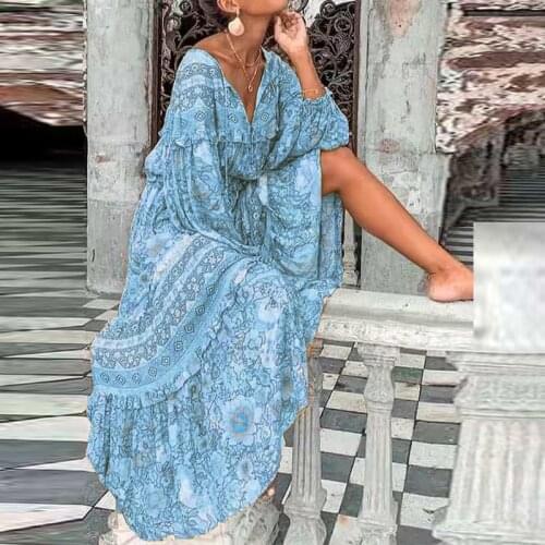 Summer Women Sexy V Neck Tassel Ruffle Long Dress Vintage Pattern Printed Boho Maxi Dress Autumn Long Sleeve Lady Loose Dresses