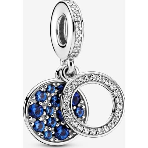Fits for Original Pandora Bracelet 925 Sterling Silver Sparkling Blue Disc Double Dangle Charms Beads DIY Jewelry Making 2020
