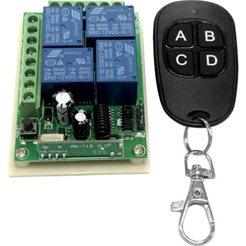 4 CH Wireless RF Remote Control Switch, 433mhz Transmitter with Receiver for Lamp, Smart Switches,(A/B/C/D Button), DC 12v