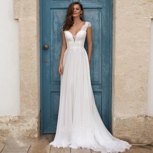 Charming Chiffon V-Neck Corset Cap Sleeve Wedding Gowns 2021 A-Line Backless Sweep Train Bridal Gowns Vestido De Novia