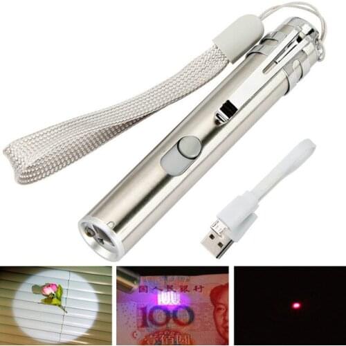 LED UV Flashlight/Red Laser/Moon Instruction Light Cash Check Emergency Lamp USB Rechargeable Torch Penlight Built-in AA Battery