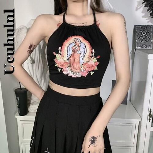 Ucuhulnl Y2K Sexy Halter Black Camis Goth Grunge Backless Bandage Crop Tops Streetwear Punk Bodycon Women Summer Basic Tops