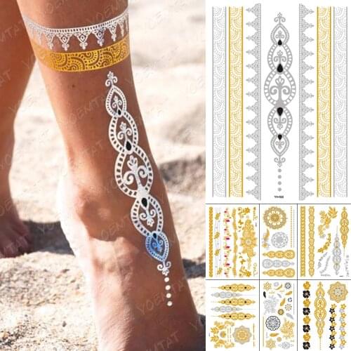 Waterproof Temporary Tattoo Sticker Metal Gold Silver Mandala Flower Henna Jewelry Bracelet Flash Tatto Bohemian Art Fake Tatoo