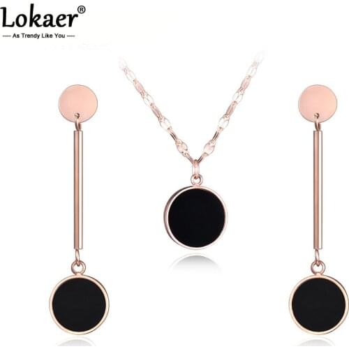 Lokaer Trendy Geometric Design Rose Gold Drop Earrings & Necklace Sets For Women Stainless Steel Round Acrylic Set Jewelry SE042
