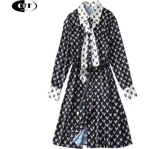 Designer Short Dress Lady Long Sleeve Bow Letter Printed Mini Dresses For Women Elegant Fashion OL Clothes Female Vestidos Robes
