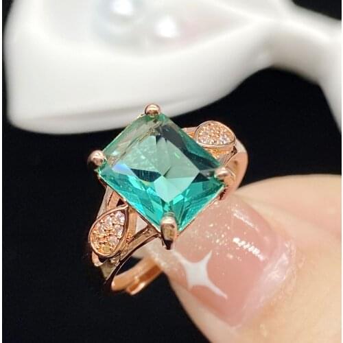 925 Silver New Temperament Rectangular Simulation Malachite Green Tourmaline Adjustable Ring Rose Gold Plated For Women Jewelry