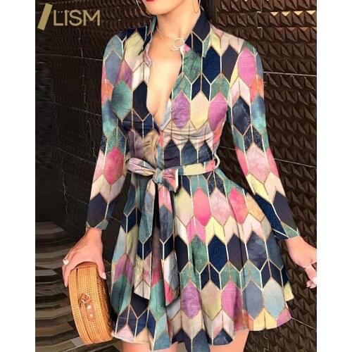 Geometry Printing Slit Dress Summer Women Plus Size Vestidos Casual V-Neck Dress Long Sleeve Beach Elegant Mini Dress with Belt
