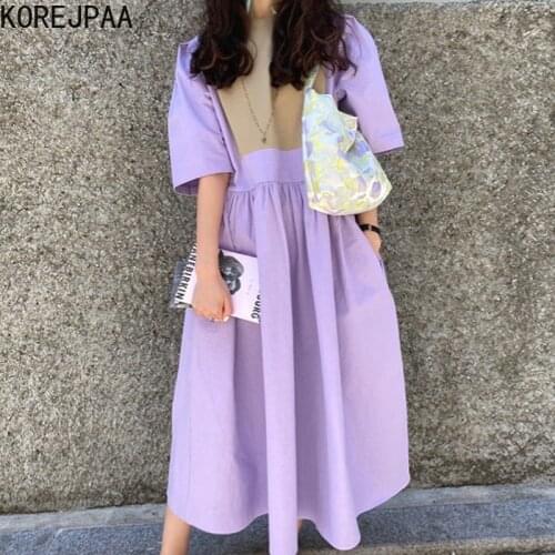 Korejpaa Women Dress 2021 Summer French Temperament Round Neck Contrast Color Stitching High Waist Casual Short-Sleeved Vestidos