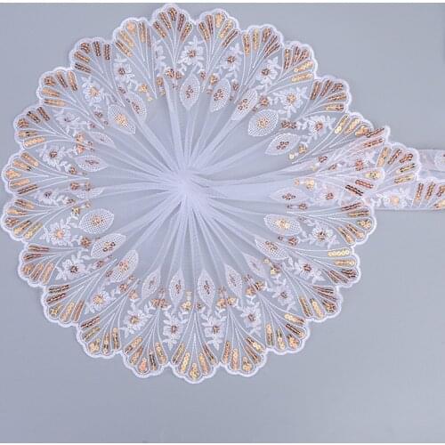 15Yards Gold Sequins White Embroidery Lace Fabrics Embroidered Lace Trim High Quality DIY Craft Sewing Dress Clothing 20cm Wide