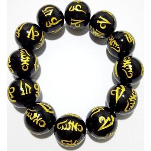18mm Tibetan Black Obsidian Bead Carve Mantra Om Mani Padme Hum Amulet Bracelet