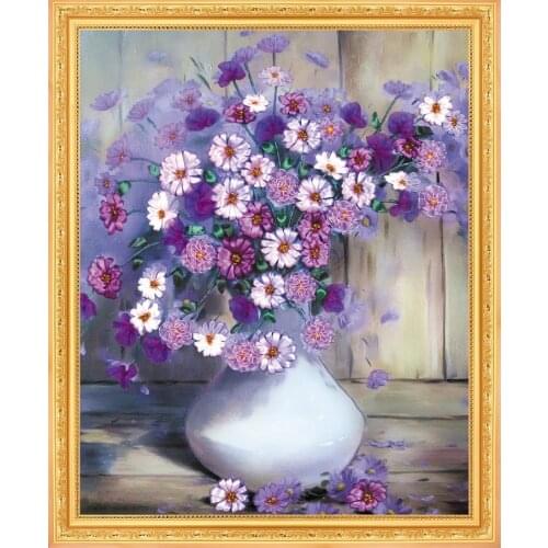 60*50CM 3D purple flower vase Ribbon embroidery kit handcraft kit DIY handmade needlework hand sewing art wall home decor