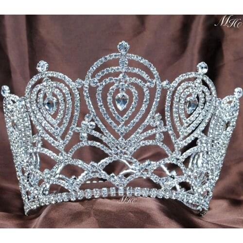 Heart Large Crown Austrian Rhinestone Tiara Handmade Clear Crystal Diadem Wedding Bridal Pageant Prom Party Hair Accessories