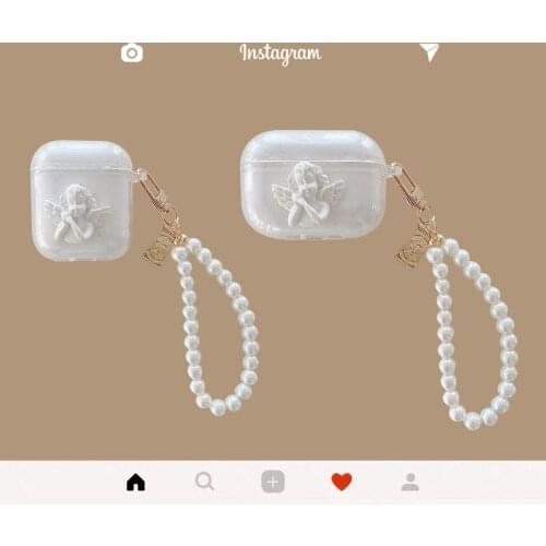 Cute angel For AirPods1 2 Pro Case Earphone Soft TPU Bluetooth Earphone Charging Box Earphone Case For Air Pods1 3 Pearl Lanyard