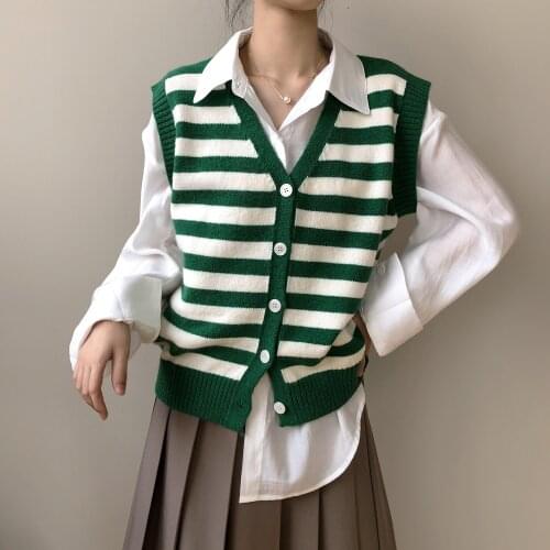 HXJJP 2021 Autumn Harajuku Casual V-neck Sleeveless Sweater Cardigan Women Single-breasted Stripe Knitted Vest Female