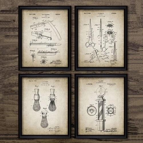 Barber Shop Tool Blueprints Vintage Canvas Poster and Prints Shaving Brush Scissors Wall Art Picture Razor Barbershop Decoration