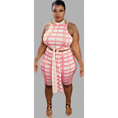 Two Piece Sets Women Clothing Plaid Print Sleeveless Sexy Bandage Crop Tops Slim Pants Plus Size Fashion Outfits Wholesale Items