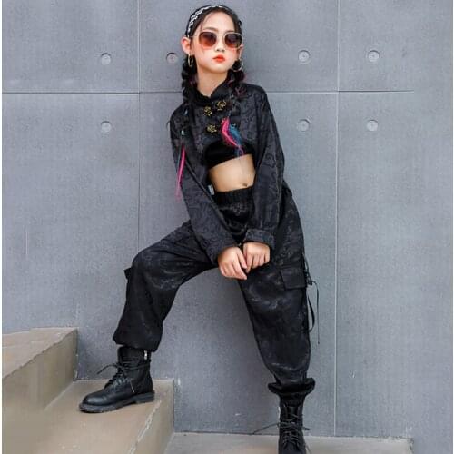 Girls Jazz Hip Hop Dance Costume New Chinese Style Black Suit Stage Performance Clothing Kids Street Dancing Rave Clothes BL6902