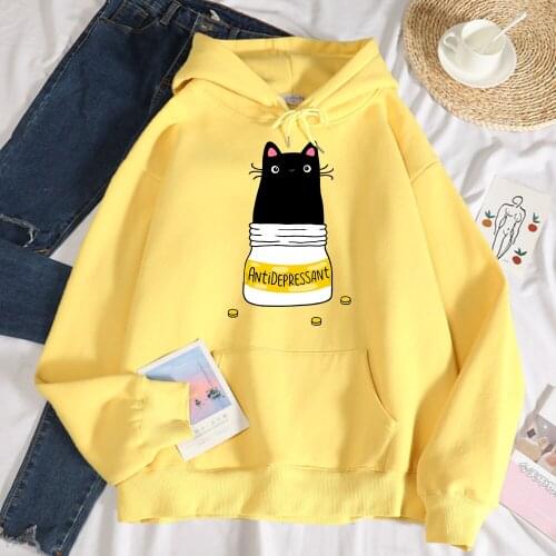 Fur Antidepressant Cat Printed Women Hoodies Crewneck Loose Sportswear Simplicity Fashion Clothes Fleece Loose Hoody Female New