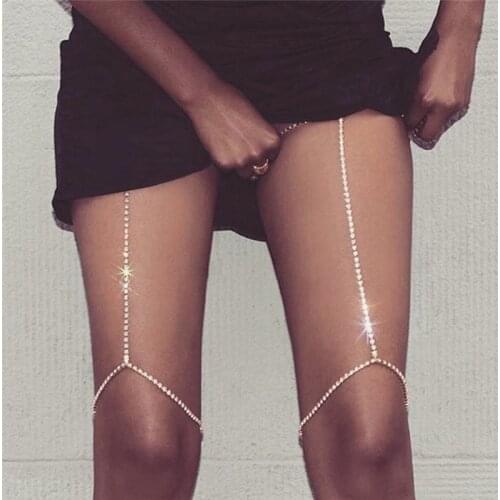Shine Rhinestones Gold Tone BodyChain Crossover Adjustable Harness Fashion Thigh Chain Necklace Body Jewelry