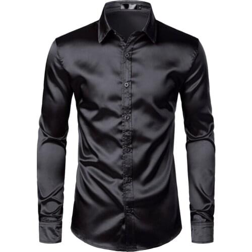 Mens Black Satin Luxury Dress Shirts 2021 Silk Smooth Men Tuxedo Shirt Slim Fit Wedding Party Prom Casual Shirt Chemise Homme